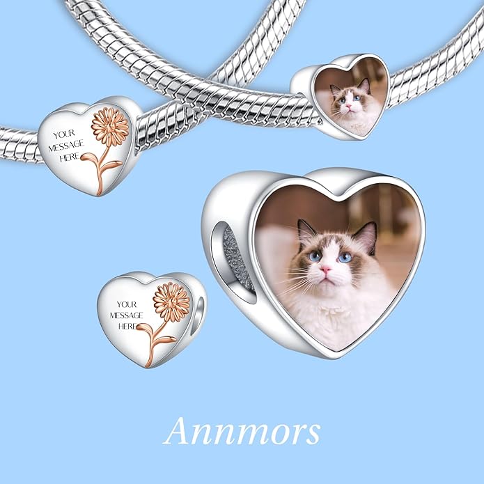 Annmors Personalized Photo Charm for Bracelet Necklaces,925 Sterling Silver Charm Love Heart Shaped Engraved Customize Picture Gift for Birthday Mother's Day Christmas,Bead Charms Jewelry for Women