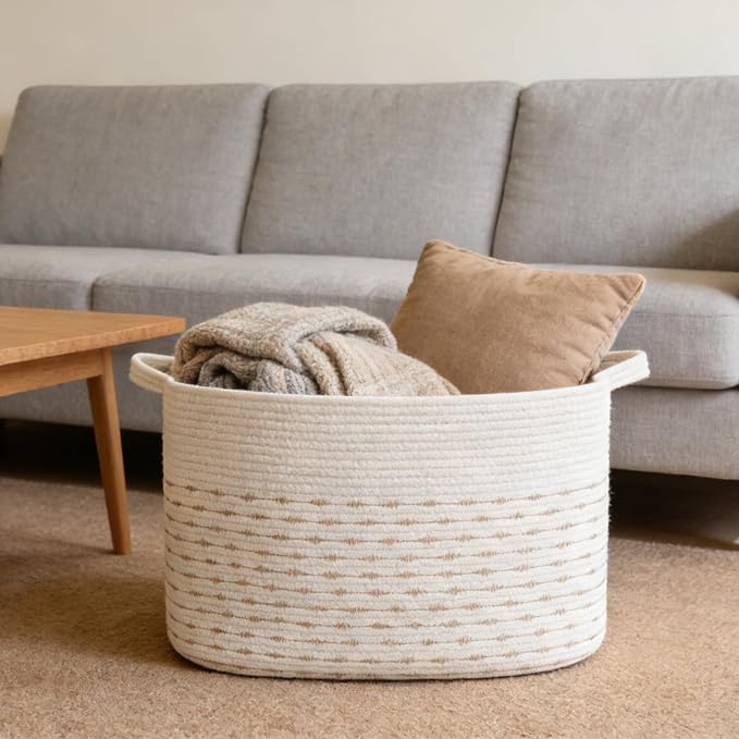 65L Large Laundry Basket with Handles, Woven Blanket Basket, Living Room - Image 4