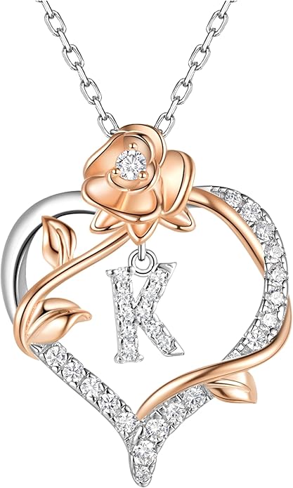 Valentines Day Gifts Rose Heart Letter Initial Necklace for Women, S925 Sterling Silver Pendant Necklace Adjustable Dainty Rose Flower Jewelry Gift for Her