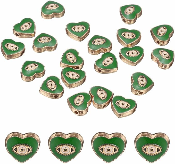 MECCANIXITY 20 Pcs Heart Evil Eye Beads Colorful Flat Loose Spacer Evil Eye Charms for DIY Bracelet Earrings Necklace Crafts Jewelry Making, Green