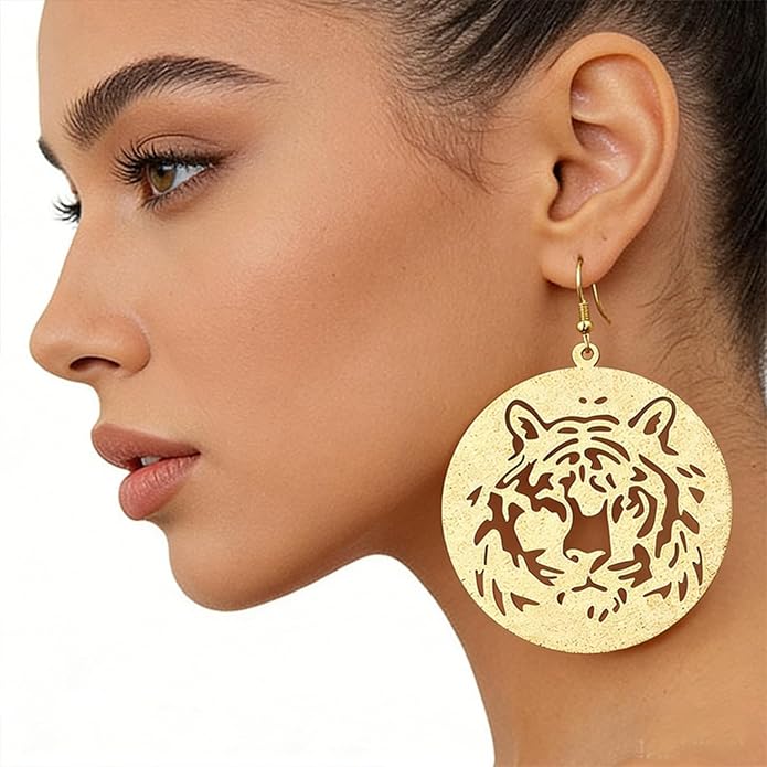 WCRAZYE Tiger Head Earrings for Women, Lightweight Gold, Football Team Spirit Mascot, Animal Inspired Game Day Jewelry