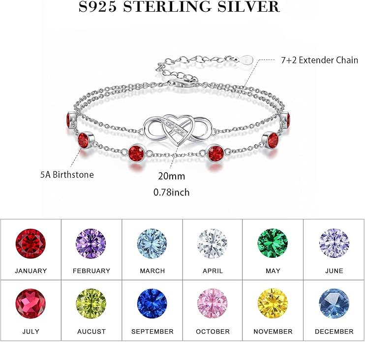 Prismata Infinity Birthstone Charm Link Bracelet 925 Sterling Silver Adjustable 12 Months Birthstone Infinity Bracelet Birthday Jewelry Gifts for Women Mom Her,with 7"+2" chain