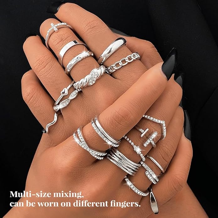 KISS WIFE Goldenen Silvery Black Kunckle Rings Set for Women, Dainty Simple Trendy Cute Stackable Finger Rings Pack, Perfect for Stacking Layering on Thumb and Knuckle, Mixed Size, Jewelry Gift