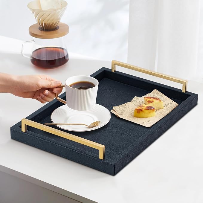 XIGEXIGE Black Faux Leather Serving Tray, 17x12 inches, Brushed Gold Handles - Image 7
