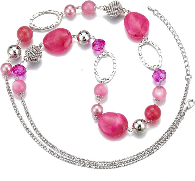 BULINLIN Beaded Long Necklace for Women Silver Sweater Chain Necklace with Crystal Resin Beads, Fashion Jewelry Necklace