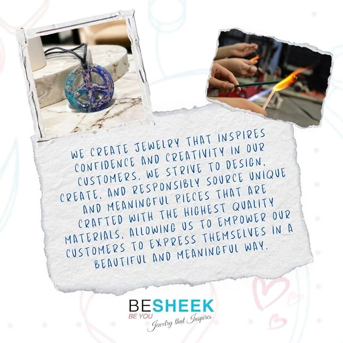 BESHEEK Murano Inspired Peace Sign Blown Glass Lampwork Art Pendant Necklace for Women Handcrafted Artisan Hypoallergenic Italian Style Jewelry