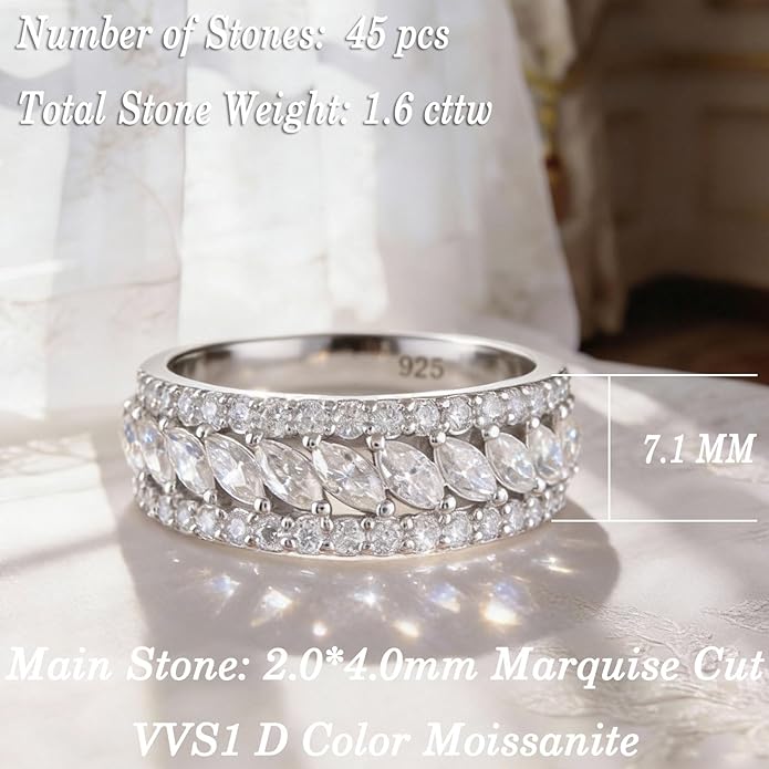 D Color VVS1 Moissanite Rings for Women 925 Sterling Silver Wedding Bands Marquise Eternity Rings Stackable Promise Size 5-10