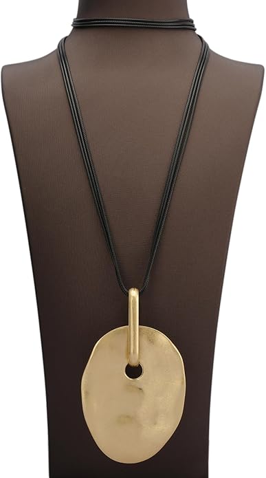 GelConnie Leather Necklace for Women Large Pendant Long Brown Necklace Circle Leather Choker Vintage Sweater Necklace Gold Chunky Boho Necklaces for Women