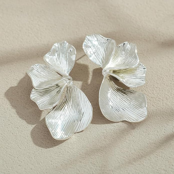 Chunky Gold Statement Earrings For Women Gold Plated Sectored Flower Leaf Shell Angel Wing Earrings Trendy Boho Jewelry For Women Large Stud Earrings Hypoallergenic Earrings