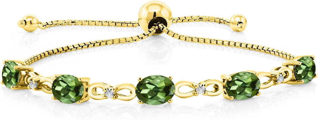Gem Stone King 7X5MM Oval Cut Gemstone Birthstone and Accent Lab Grown Diamond Tennis Bracelet For Women In 18K Yellow Gold Plated Silver | Adjustable Bolo Bracelet For Women | Easy-On Easy-Off