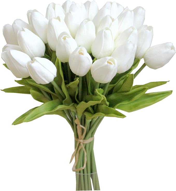 Mandy's 28pcs Artificial White Tulips | 13.5 Inch Lifelike PU Tulips Faux by Mandys