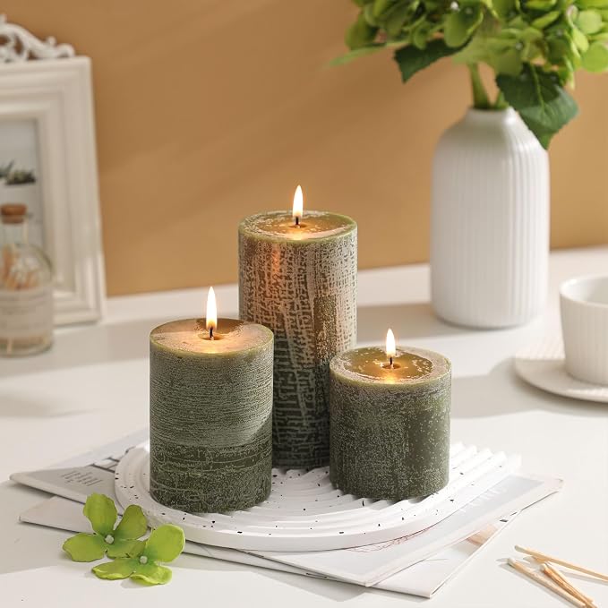 3x6 Inch Moss Green Pillar Candles Set of 3 - Image 4