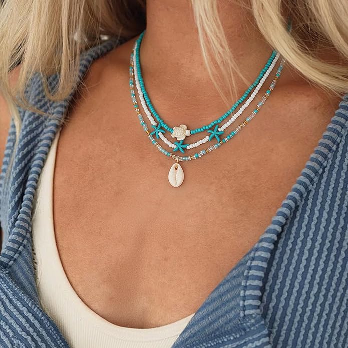 Women's Shell Starfish Boho Layered Beaded Necklace Choker for Summer Beach Vacation Gifts for Birthday/Anniversary/Christmas