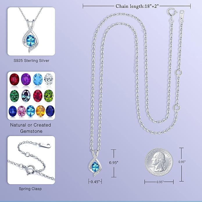 SMILEST Valentines Day Gifts for Her - 925 Sterling Silver Oval Sparkle Birthstone Necklace, Infinity Pendant Necklace Anniversary Birthday Gifts for Women Wife Girlfriend Mom Birthstone Necklace