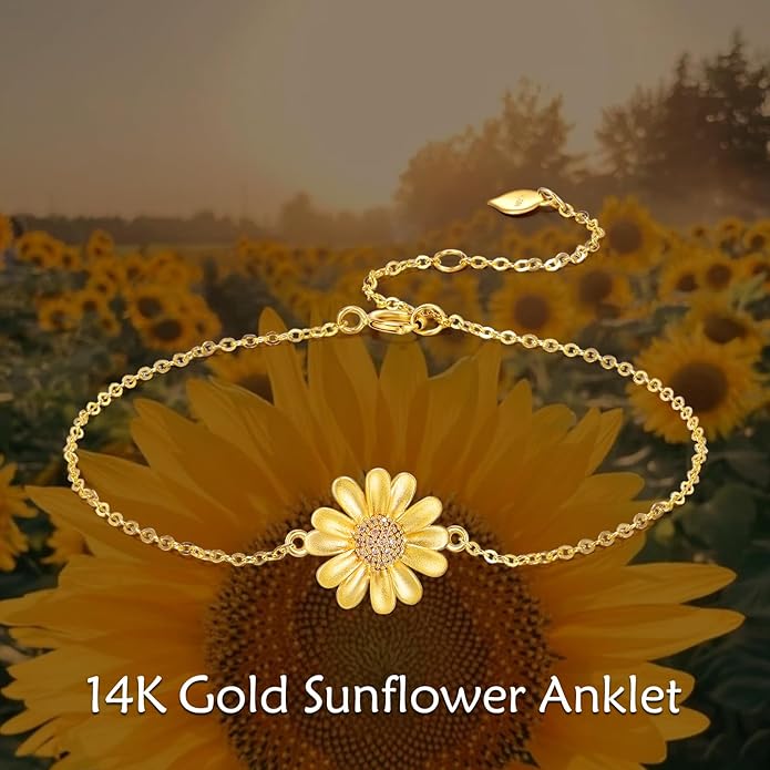 KECHO 14k Yellow Gold Butterfly/Dragonfly/Frog/Sunflower/Daisy/Tree of life/Moon/Clover Bracelet Anklet for Women