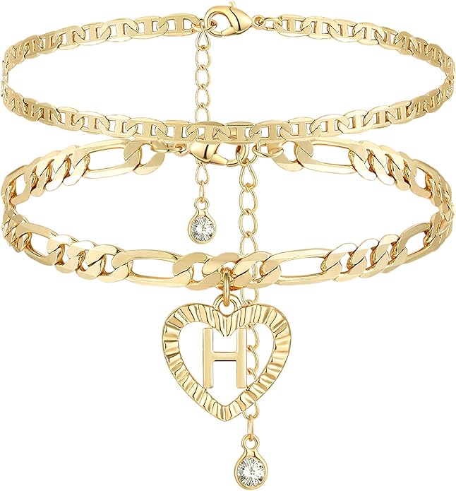 YANODA Initial Ankle Bracelets for Women 14K Gold Plated Layered Figaro Chain Letter Initial Anklets Handmade Layered Heart Ankle Bracelets Personalized Jewelry for Women