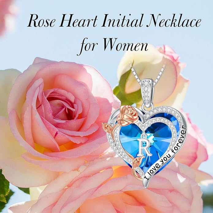 PELOVNY Rose Heart Initial Necklaces for Women S925 Sterling Silver Alphabet Letter Crystal Necklace Initial Pendant Jewelry Gifts for Mom Daughter Wife