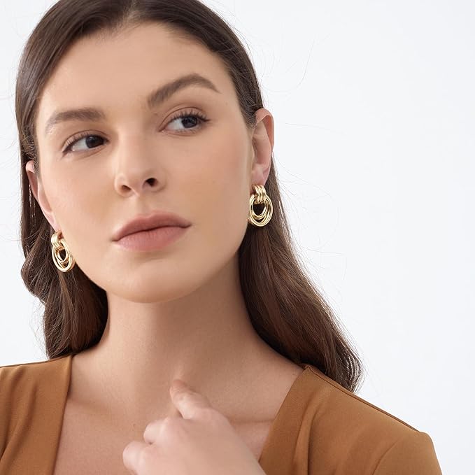 Gold-Plated Chunky Earrings, Knot Link Circle Drop Dangle Statement Studs for Women