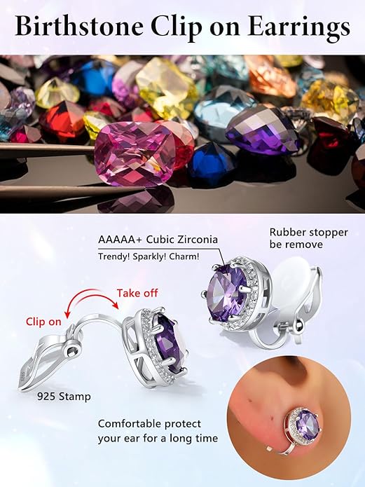 Silvora 925 Silver 8MM Cubic Zirconia Birthstone Clip On Stud Earrings Round Non Pierced Earrings For Women,Come with Box
