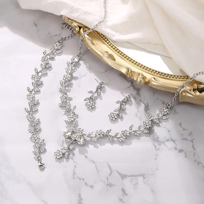 BriLove Women's Wedding Jewelry Leaf Cluster Flower Crystal Dangle Earrings Pendant Necklace Set for Bridal