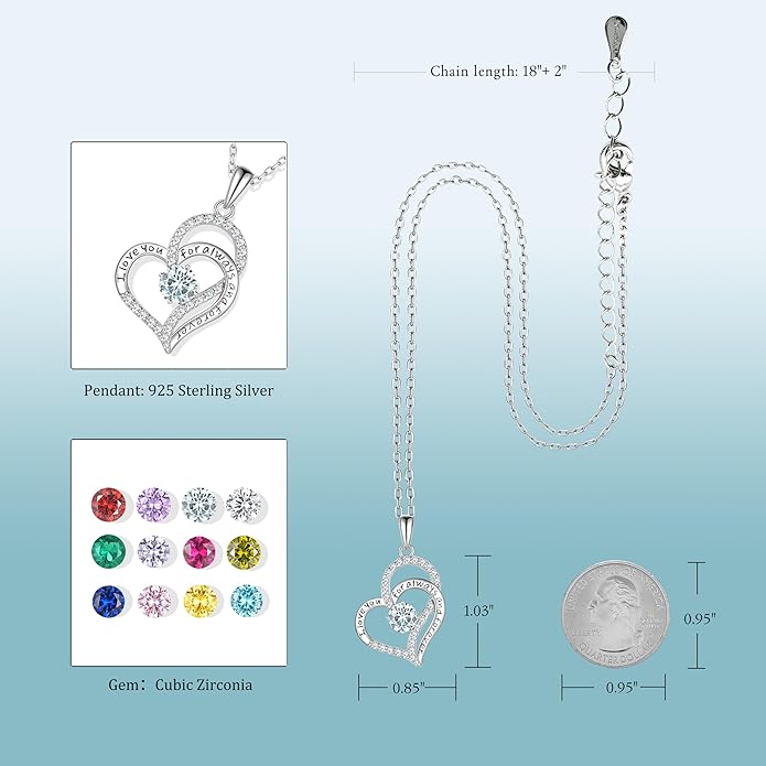 Birthday Gifts Double Heart Birthstone Necklace for Women, S925 Sterling Silver Pendant Necklace Jewelry for Her Mother Mom Wife Girlfriend