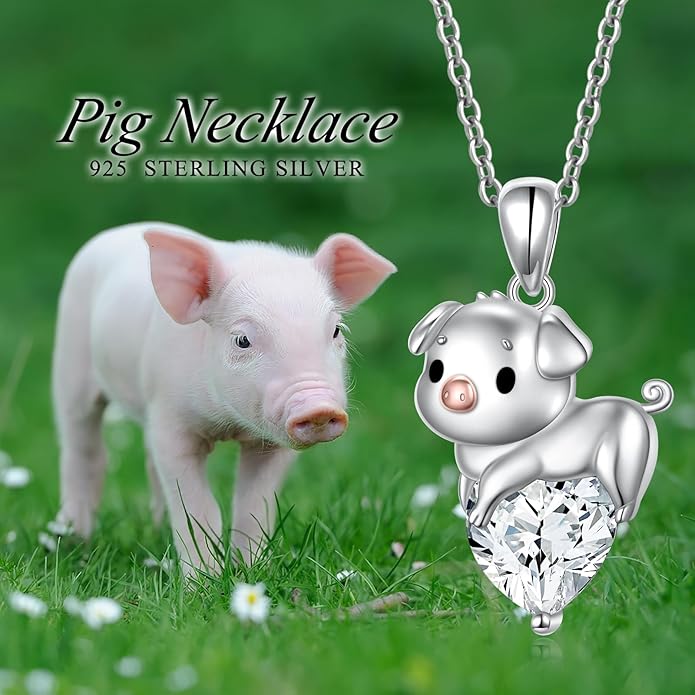 FLYOW Pig Necklace 925 Sterling Silver Cute Animal Necklace with Heart Blue CZ Piggy Pendant for Women Friend Pig Lovers Birthday Graduation Valentine's Day Anniversary Christmas Jewelry White/Blue