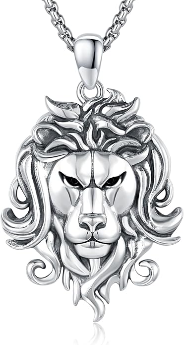 Cuoka Lion Necklace for Men Women S925 Sterling Silver King Retro Punk Gothic Hip Hop Rock Animal Lion Head Pendant Charm Jewelry Chain Necklace Viking Protection Amulet Necklaces