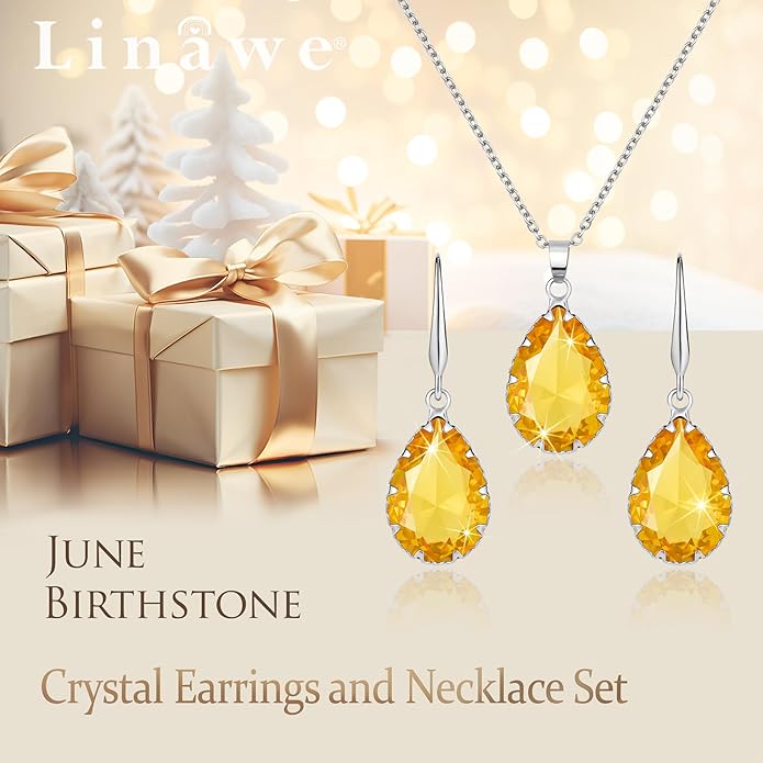 Linawe Crystal Jewelry Sets for Women, Imitation Diamond Pendant Necklace, Rhinestone Drop Dangle Earrings, Birthstone Cubic Zirconia Matching Wedding Jewelry, 14K Gold/Rose Gold/Silver Tones