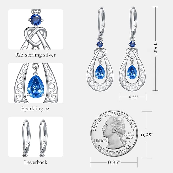 Teardrop Birthstone Dangle Drop Earrings Sterling Silver Infinity Filigree Leverback Earrings, Infinity Love Birthday Anniversary Valentines Day Gifts for Her Women Mom Wife