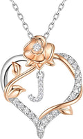 Valentines Day Gifts Rose Heart Letter Initial Necklace for Women, S925 Sterling Silver Pendant Necklace Adjustable Dainty Rose Flower Jewelry Gift for Her