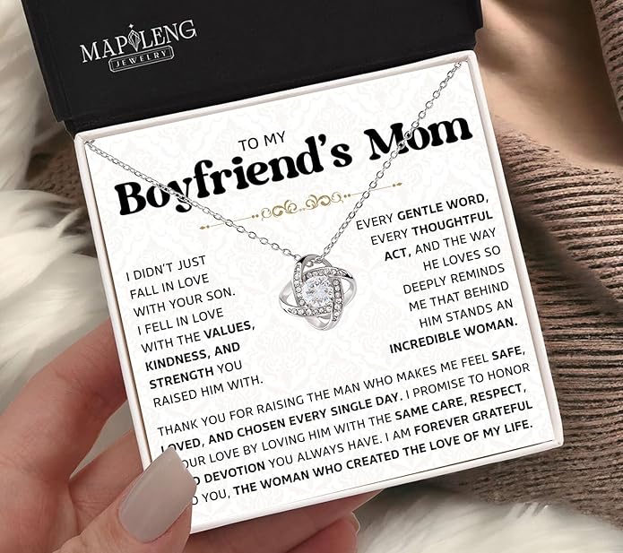To My Boyfriend's Mom Love Knot Necklace, Elegant Jewelry Gift From Girlfriend, Meaningful Mothers Day Surprise, Birthday Christmas Keepsake With Heartfelt Message