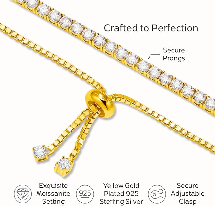 LOVE&LOVE Moissanite Tennis Bracelet for Women, Adjustable 18K Gold Plated 925 Sterling Silver Bracelet, 3/4mm D VVS1 Round Cut, Luxury Jewelry Gift for Wife Mom Girlfriend Birthday Anniversary