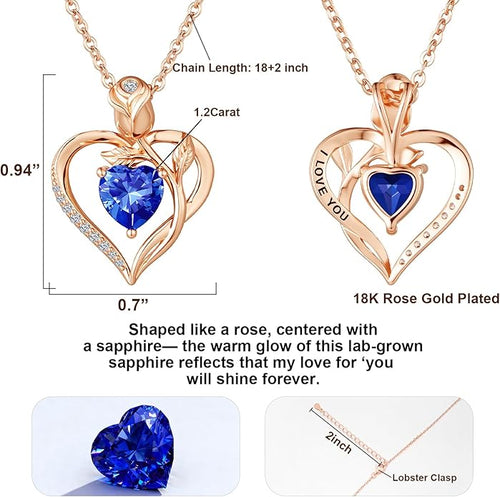 1.2CT Rose Heart Necklace Option of Moissanite or Lab-Grown Sapphire Ruby Emerald&More Necklace for Women Birthstone Girlfriend Necklace S925 Sterling Silver 18K White/Rose Gold Plated D Color VVS1 Gift for Wife Mother Daughter for Birthday Anniversary...