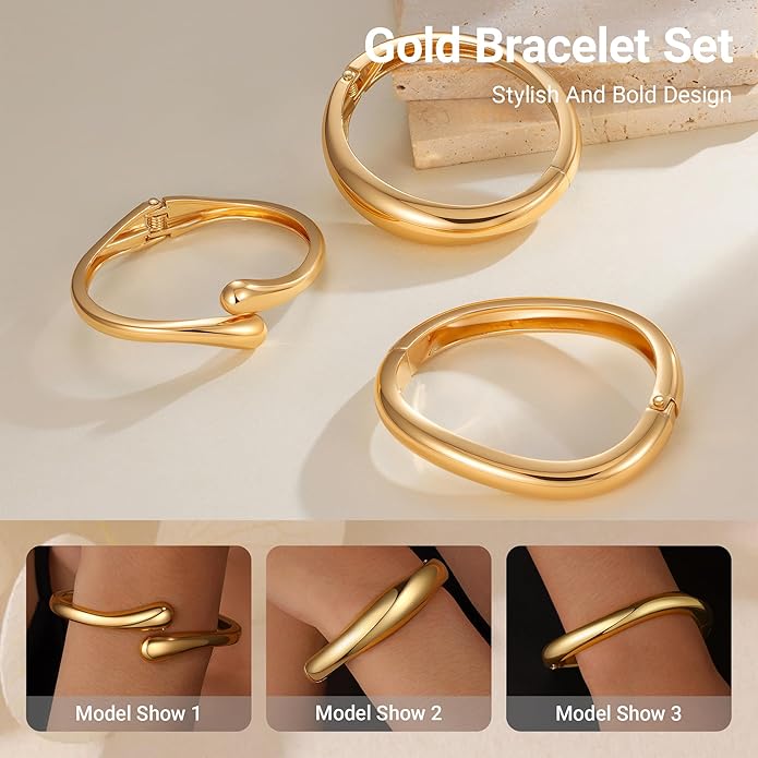 Chunky Gold Bangle Bracelets for Women, Premium Zamak 3 Alloy with 14K PVD Vacuum-Ion Plating & Electrophoretic Finish, Ideal for Parties, Weddings, Christmas & Valentine’s Day Gifts