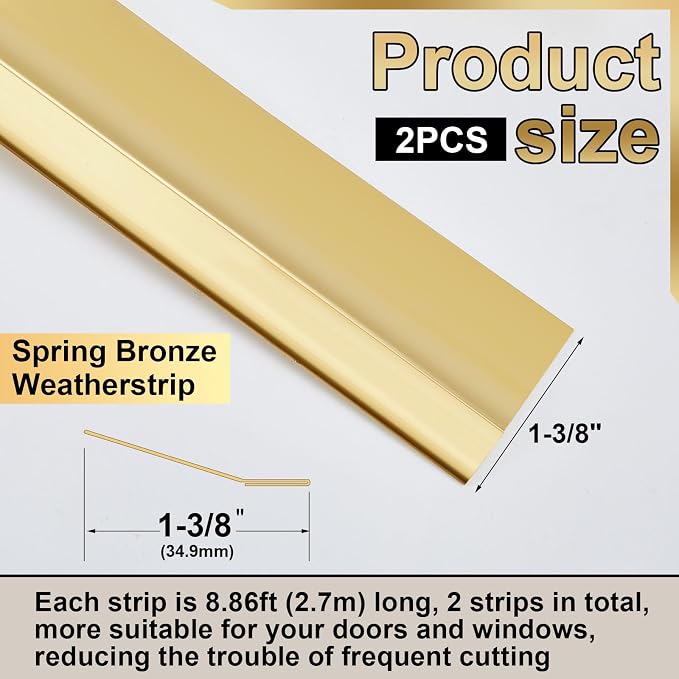 Zonon 1-3/8" W x 17.72' L Spring Bronze Weather Stripping Metal Brass Weather - Image 2