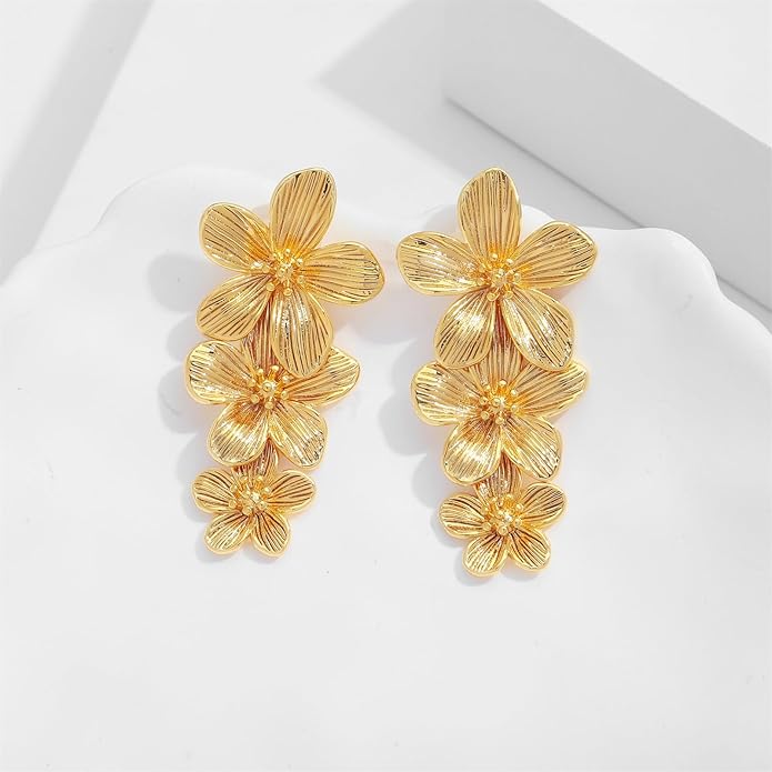 Flower Earrings for Women,Boho Statement Large Double Flower Earrings Trendy Chunky Floral Stud Earrings Elegant Chic