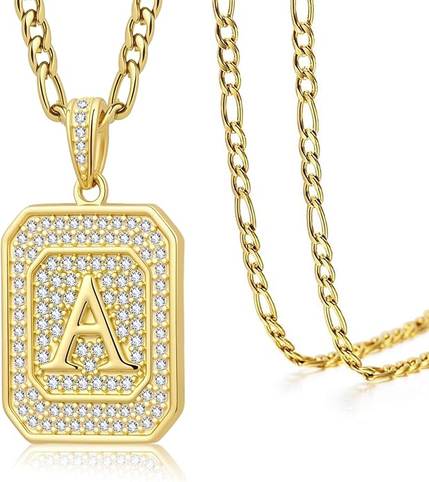 Initial Letter Pendant Necklace for Men Women, 14K Gold Square Monogram Alphabet Necklace with Figaro Chain, Valentines Day Birthday Gifts for Him Her