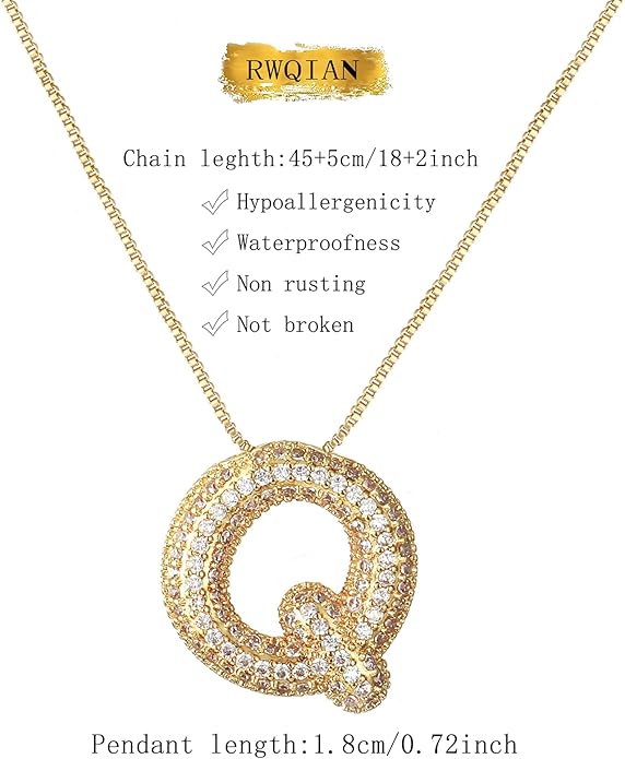 RWQIAN Letter Necklace for Women Bubble, Chunky Initial Alphabet A-Z Pendant Puffy Name Personalized Necklace Dainty Zircon CZ Fashion Jewelry Gifts for Girls Girlfriend
