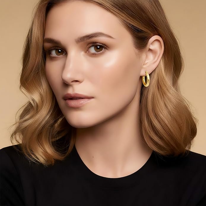 Gold Plated Hoop Earrings for Women 14K Gold Plated Earrings for Women Hypoallergenic Lightweight Wrinkle Texture Earrings Womens 20mm/25mm/30mm
