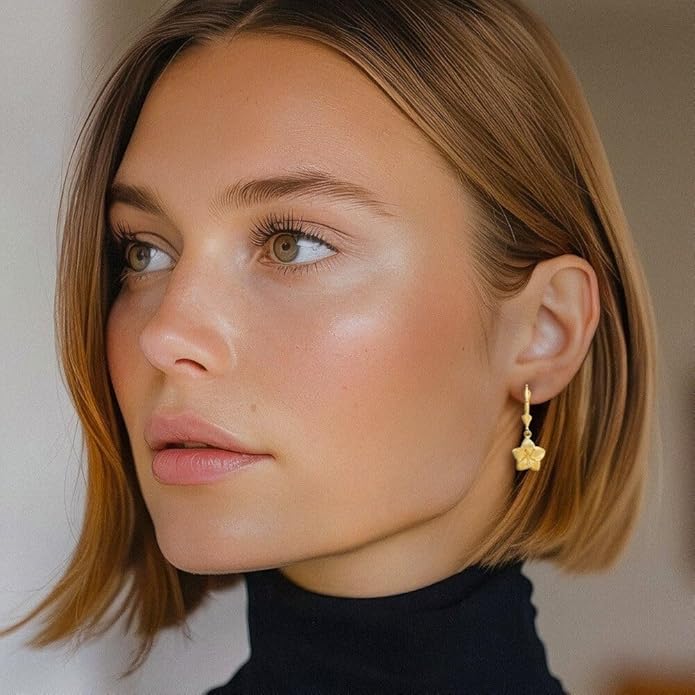 14K Yellow Gold Plumeria Drop Dangle Earrings for Women Flower Motif Lever Back Solid Small Fine Jewelry Gift Floral Nature