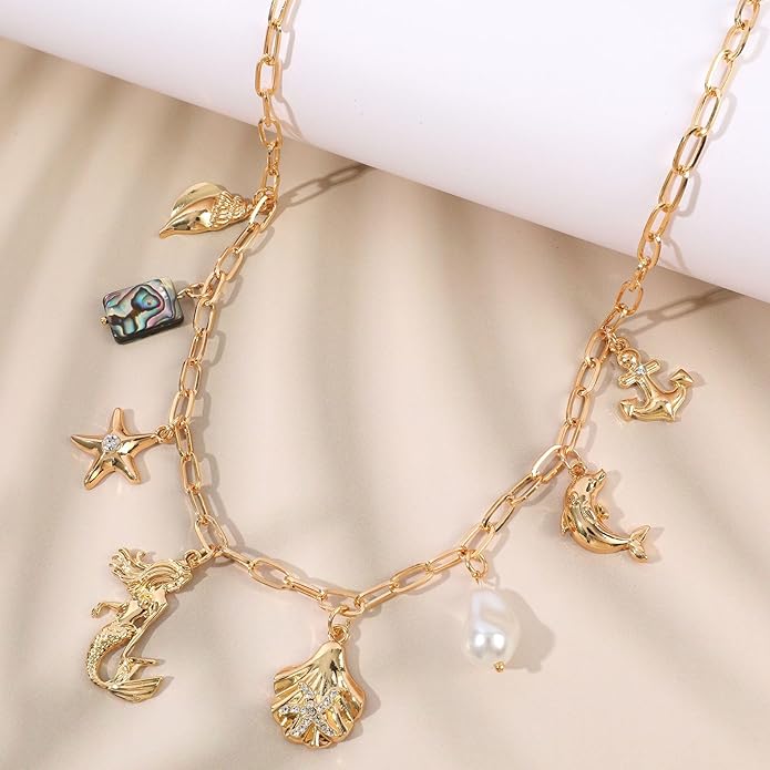 [3 Trendy Styles] Women's Necklaces - Alloy with Glass Crystals & Pearls, Electroplated O - Link Chain, Mermaid Inspired by Fantasy Aesthetics/Bow with Y2K Sweet Charm/Cherry Fruit in the Latest Kawaii Vibe, 47cm(18.5in) Chain Length + 6.5cm(2.55in) Ex...