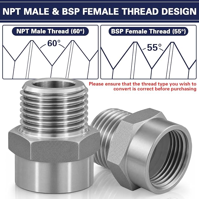 1/2" G Female to 1/2" NPT Male Adapter, Stainless Steel Pipe Fitting, BSP to - Image 6