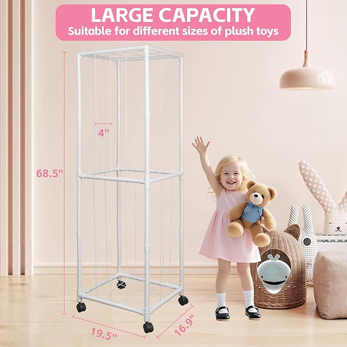 Stuffed Animal Storage Zoo with Wheels, Large Plush Toy Organizer for Kids - Extra Wide PVC Stuffed Animal Holder with Elastic Cords & Mesh Net, Nursery Playroom Toy Cage for Boys Girls Toddlers