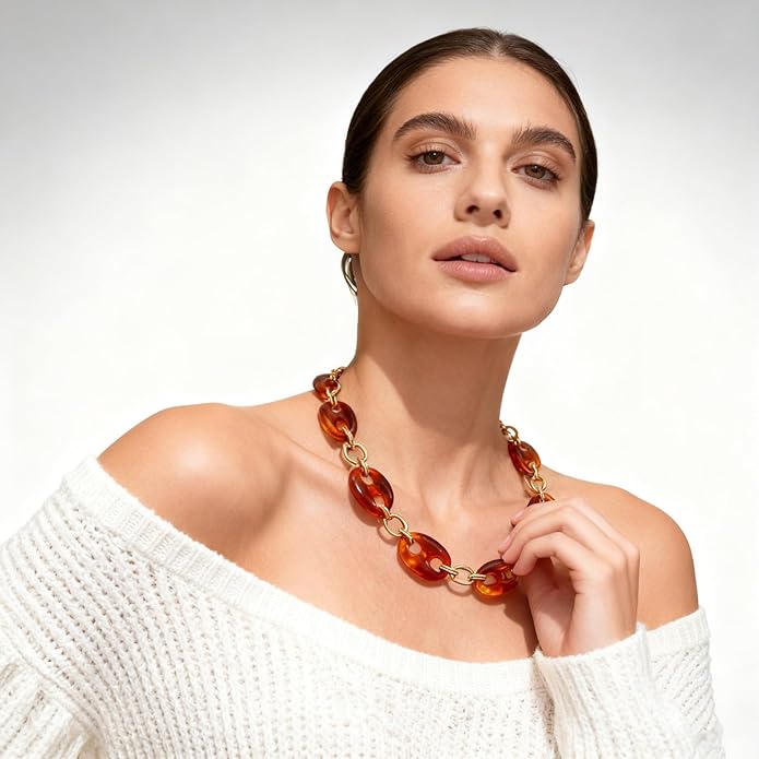 Acrylic Choker Necklace for Women 14K Gold Plated Statement Necklace Bold Brown Resin Chokers Vintage Jewelry Gifts