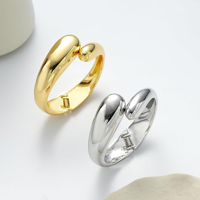 2pcs Gold Bangle Bracelets for Women, Trendy Hinged Cuff Open Wide Chunky Gold Bracelet Stack Arm Cuff Jewelry for Women