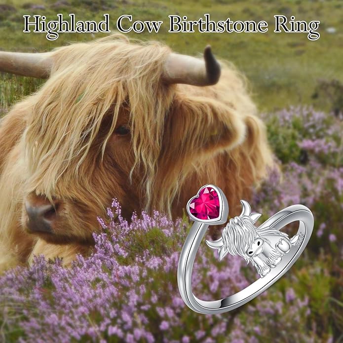 Highland Cow Ring 925 Sterling Silver Adjustable Ring Birthstone Ring Engraved Name Highland Cow Gifts Jewelry for Women