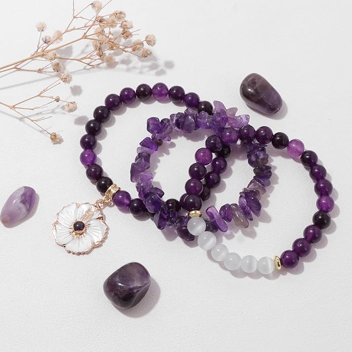 Healing Crystal Beaded Bracelets for Women,Natural Amethyst Gemstones Bracelet,Anxiety Stress Relief Heart Charm Bracelet Handmade purple Jewelry Gifts for Women