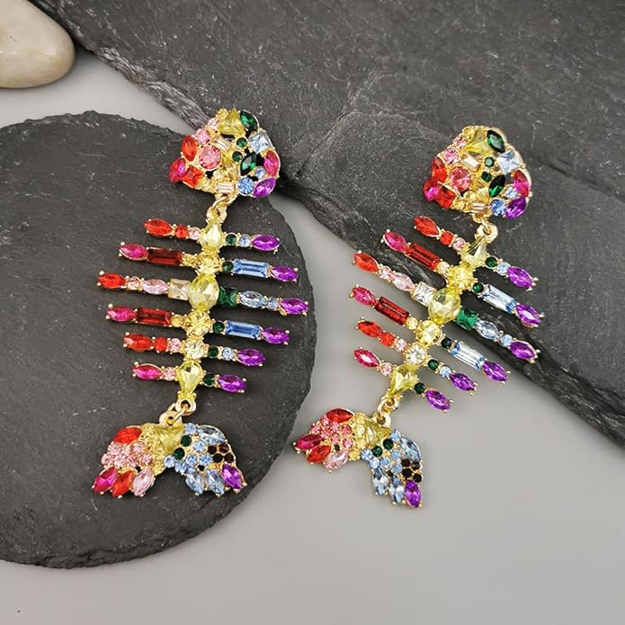 Gold Colorful Acrylic Rhinestone Fishbone Earrings Exaggerated Fish Animal Long Pendant Earrings Metal Studs Jewelry for Women Gift