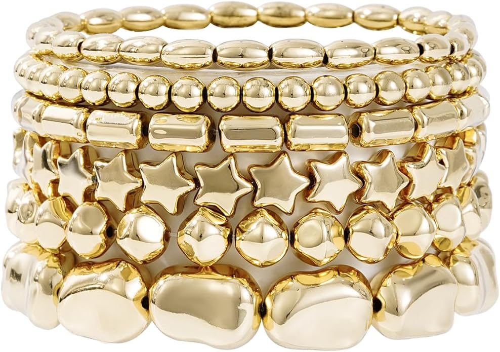 Gold Plated Beaded Bracelets for Women Trendy, 14K Gold Plated Stack Cross Pearl Gold Plated Bead Stretch Bracelets Set Elastic Hypoallergenic Bracelets Jewelry Gifts