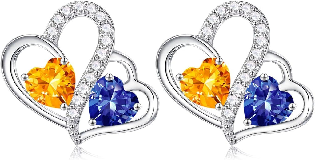 Iefil Valentines Day Gifts for Her - Birthstone Earrings Gift for Women, 925 Sterling Silver Double Heart Birthstone Earrings | Anniversary Birthday Gifts for Women, Personalized Jewelry for Wife Mom